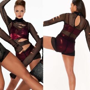 Kelle dance jazz acro costume 3 piece red foil black fishnet DISTURBIA 7959 MA